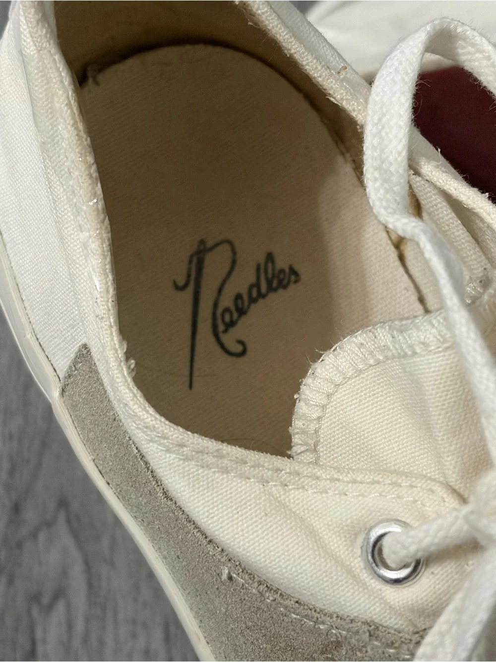 Needles Asymmetric Ghillie Cream and White Low-Top Sneakers